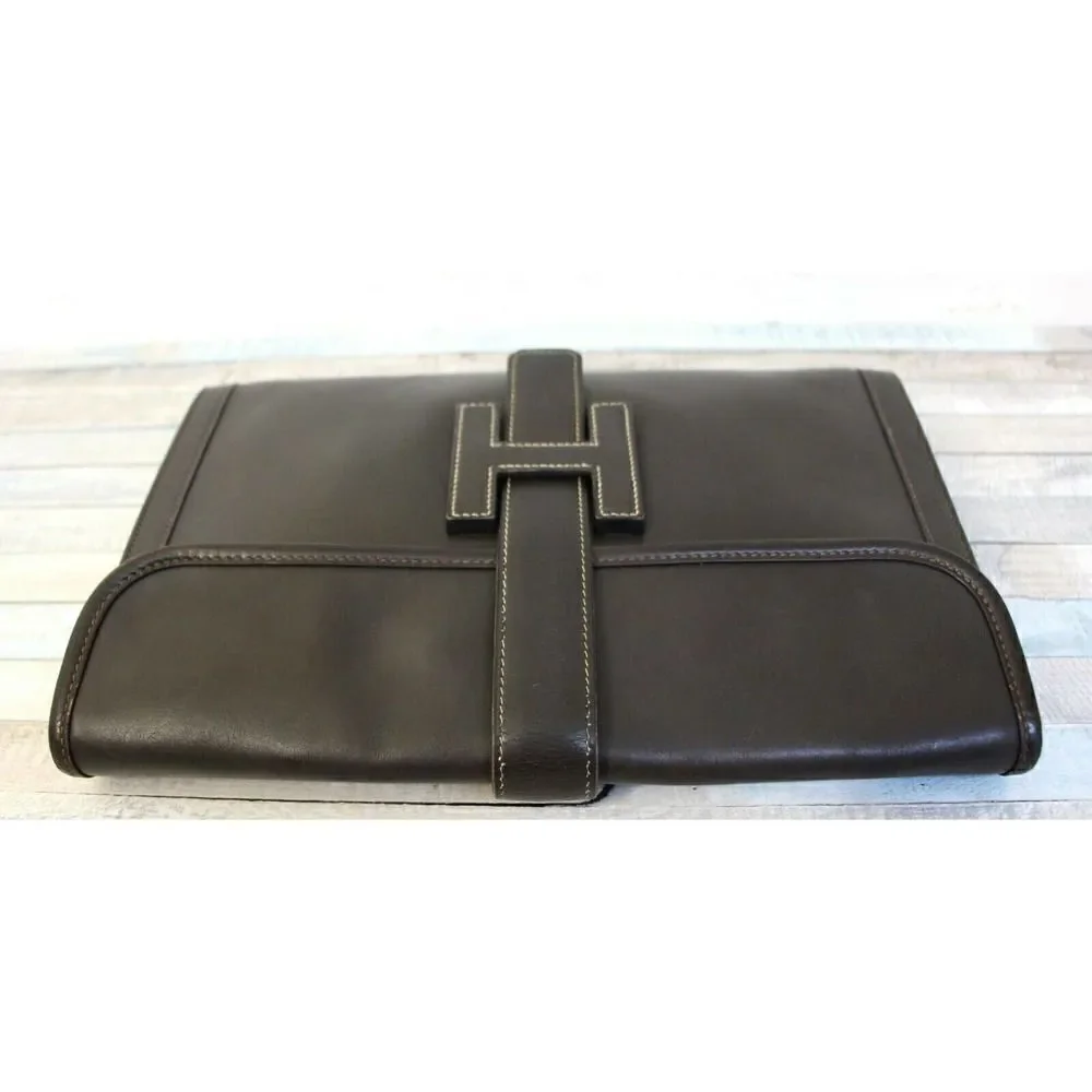 AUTHENTIC HERMÈS JIGE FRANCE BROWN GENUINE LEATHER H LOGO FRONT CLUTCH HANDBAG